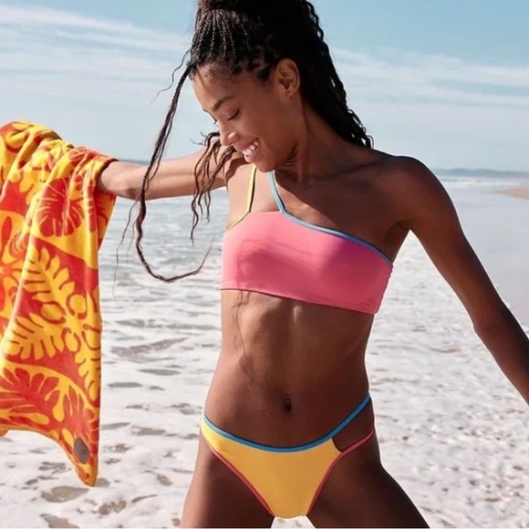 Stone Fox Swim XL Bikini Dhalia Top Echo Bottom Honeycomb Sunset Pink Colorblock - Picture 1 of 10